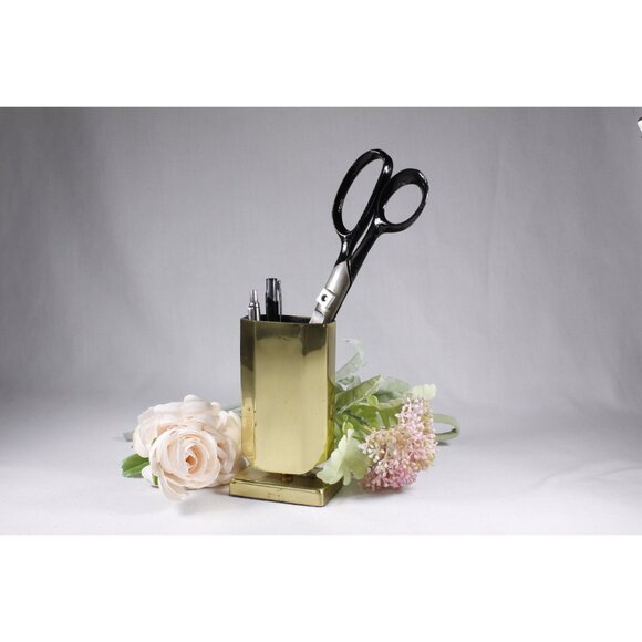 Vintage brass pen stand, fabric lined home office desk tidy, weighted base - Picture 6 of 6
